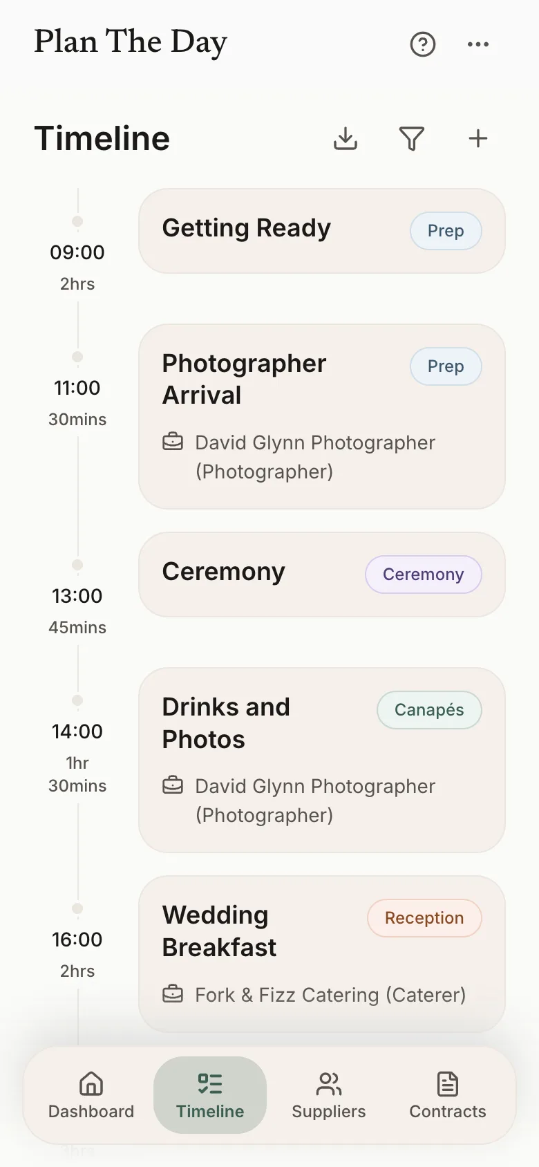 Organiser Timeline showing the event day in chronological order