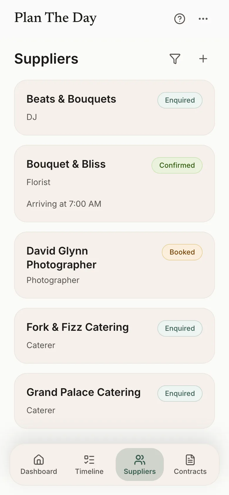 Event Planner Suppliers view showing event supplier management