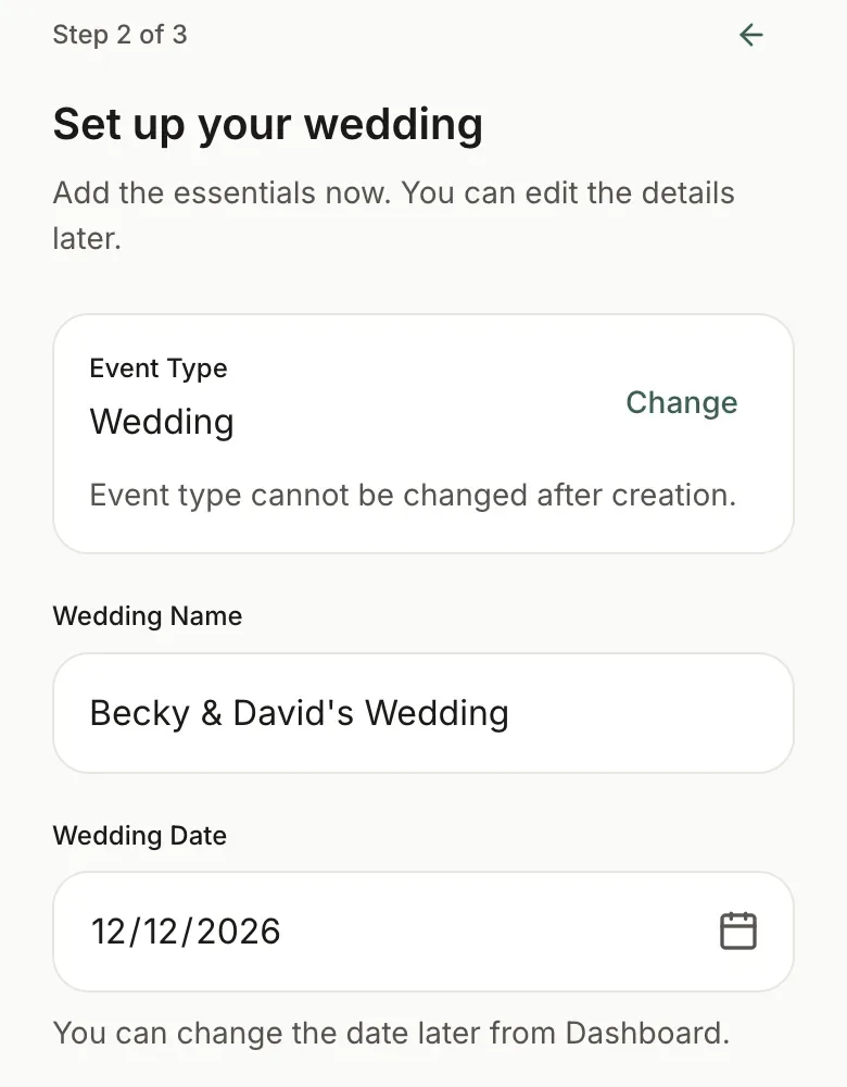 Event Setup form used to establish an event before planning begins