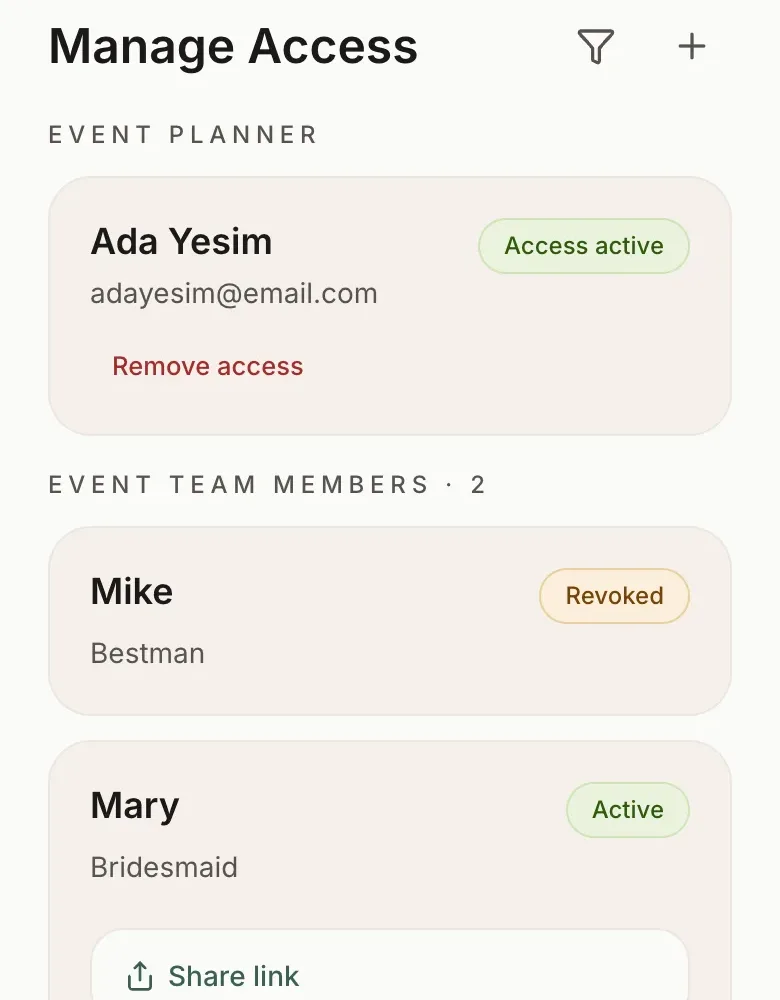 Manage Access screen for inviting people to the event plan