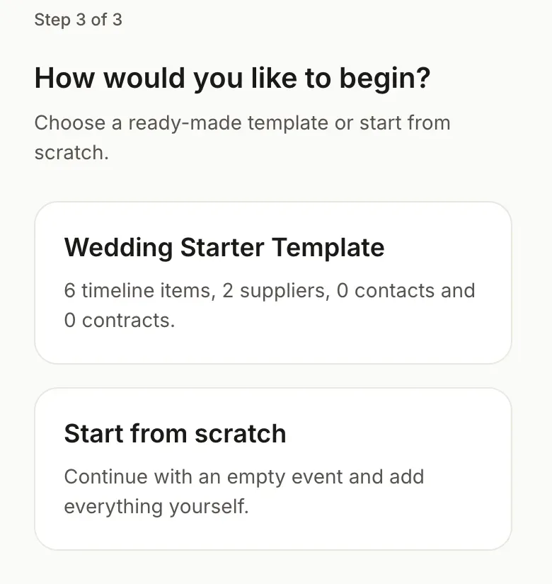 Template choice screen offering a relevant starting point or a blank event
